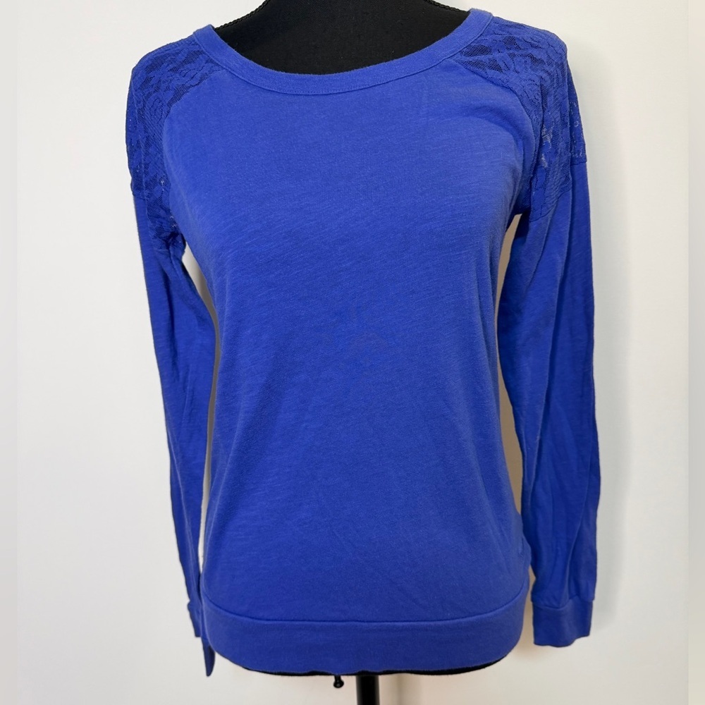 PINK Victoria's Secret Royal Blue Long-Sleeve Lace Shoulder Top